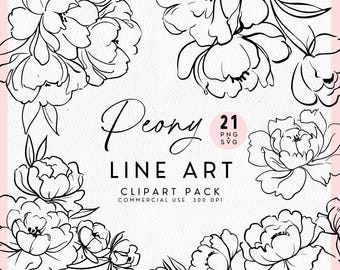 Peony Flower Line Art Drawing Clipart, Peony Outline SVG Illustration for Wedding Invitation, Botanical Floral Doodles,  Flower Outlines