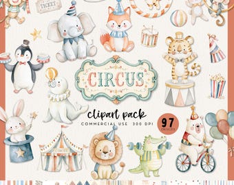 Aquarell Vintage Zirkus Tier Clipart für Kinderzimmer Kunst, Baby Shower, Geburtstagseinladung Printable, Retro Pastell Karneval PNGs, Elefant