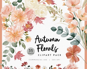 Watercolor Autumn Floral Arrangement Clipart for Invitations, Fall Theme Flower Horizontal Corner Bouquets, Dusty Rose Terracotta Florals