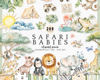 Aquarell Safari Tiere Clipart für Babyparty-Einladungen, tropische afrikanische Tierbabys Grafiken für Kinderzimmer, A Wild One is On The Way