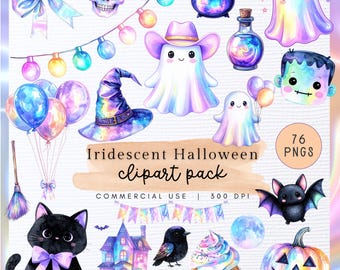 Iridescent Halloween Clipart Pack | 76 Pastel Ghosts, Cats, Pumpkins, Haunted House, Bats, Cauldron PNGs | Cute Kawaii Halloween Graphics