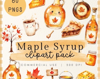 Puede incluir: Paquete de imágenes prediseñadas de acuarela con botellas de jarabe de arce, rebanadas de pastel y gofres. La imagen incluye el texto "Maple Syrup clipart pack" y "60 PNGS". Las ilustraciones tienen un estilo de dibujos animados.