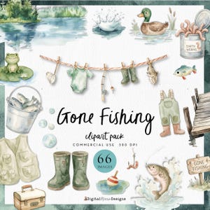May include: Watercolor clipart pack with a fishing theme. Includes illustrations of a duck, fish, fishing gear, baby clothes, and the text "Gone Fishing". Perfect for crafting and design projects. Features 66 images.