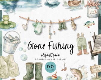 Clipart de pesca en acuarela para invitaciones de cumpleaños, tema de baby shower de pesca, gráficos de pescador, PNG de aparejos de pesca, niño pescador