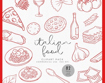 May include: A collection of red line art illustrations featuring Italian food items including pasta, pizza, wine, tomatoes, garlic, and utensils. The text reads Italian food, CLIPART PACK, COMMERCIAL USE, 300 DPI, and 82 PNGs and SVGs.