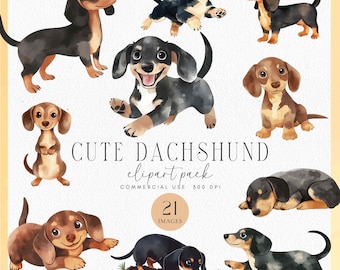 Cute Dachshund Clipart, Watercolor Wiener Dog Clipart Bundle, Templett Dachshund Clipart, Dachshund Puppy PNG, Black and Tan Dachshund Lover