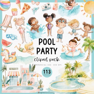 Puede incluir: Paquete de imágenes prediseñadas de acuarela con temática de fiesta en la piscina. La imagen presenta ilustraciones de niños, accesorios de piscina y alimentos. El texto dice "POOL PARTY clipart pack" con "113 imágenes" y "COMMERCIAL USE 300 DPI".