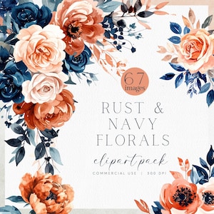 Puede incluir: Paquete de imágenes prediseñadas florales en acuarela con flores y follaje de color óxido, azul marino y melocotón. El diseño incluye rosas, peonías y otros elementos florales. El texto de la imagen dice "Rust & Navy Florals" y "67 images".