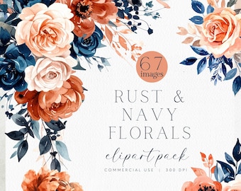 Terracotta and Blue Wedding Clipart, Burnt Orange Wedding, Watercolor Boho Wedding, Terracotta and Navy Florals, Fall Wedding Stationary