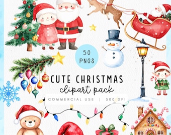 Cute Christmas Watercolor Clipart, Cute Christmas Party Invitation Clipart, Kids Christmas Invite PNGs, Adorable Kawaii Christmas Clipart