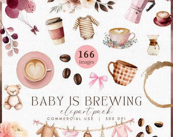 Baby Brauen Clipart Rosa, Baby Mädchen Kaffee Baby Shower Clipart, Rosa Kaffee Elemente, Latte Art, Cappuccino Florals, Aquarell Tassen