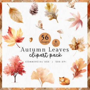 May include: Watercolor clipart pack featuring autumn leaves, a squirrel, an owl, and a fox. The text reads "Autumn Leaves clipart pack" with the number of images and digital papers included. The color palette includes shades of orange, brown, and beige.
