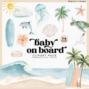 Baby on Board Clipart for Surf Baby Shower Invitation, Ocean Beach Nursery Graphic, A Little Surfer is on the Way, Beach Birthday Graphic