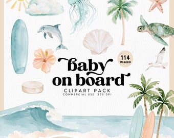 Baby on Board Clipart for Surf Baby Shower Invitation, Ocean Beach Nursery Graphic, A Little Surfer is on the Way, Beach Birthday Graphic