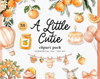 A Little Cutie Is On The Way Clipart for Baby Shower Invitation, Gender Neutral Clothesline Graphics, Orange Tangerine Baby Shower Theme