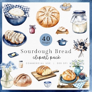 May include: Watercolor clipart pack featuring various sourdough bread illustrations. Includes a loaf of bread, sliced bread, a bowl of dough, and a jar. The text reads "Sourdough Bread clipart pack".