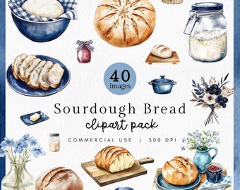 May include: Watercolor clipart pack featuring various sourdough bread illustrations. Includes a loaf of bread, sliced bread, a bowl of dough, and a jar. The text reads "Sourdough Bread clipart pack".