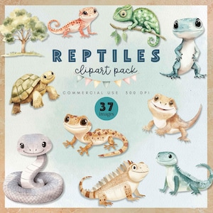 May include: Watercolor clipart pack featuring various reptiles, including a gecko, chameleon, iguana, and snake. The text "REPTILES clipart pack" is displayed above the images, with "37 images" in a circle below.