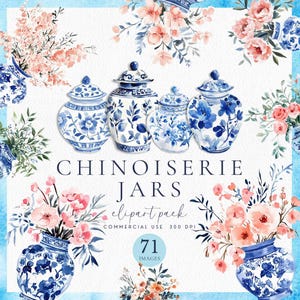 Chinoiserien Gläser Clipart, florales blau-weißes Toile-Glas, Aquarell-Ingwerglas mit Blumen PNGs, Grandmillenial Vasen, digitaler Download