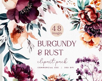 Burgundy and Rust Watercolor Florals Clipart, Maroon and Burnt Orange Flowers PNG, Fall Autumn Peony Wedding Florals Invitation Graphics
