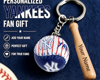 Personalized Yankees Fan Gift, Baseball Key Chain, Engraved Name Baseball Gift, New York Baseball Lover Gift, Sports Fan Keychain