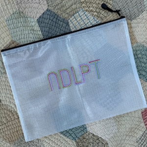Needlepoint NDLPT Project Bag; Retro multi-color; zipper pouch nylon mesh storage bag for WIPs, Stash and Tools