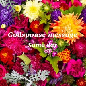 May include: A vibrant floral arrangement featuring a variety of colorful blooms, including roses, dahlias, and asters. The flowers are in shades of pink, red, purple, yellow, and orange. Text on the image reads "Godspouse message Same day."