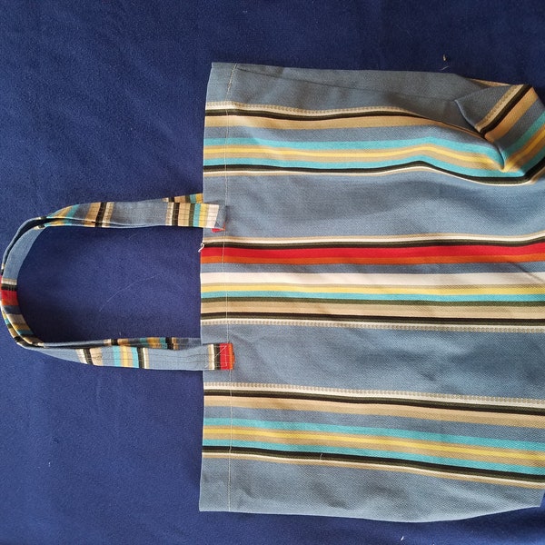 Handmade bag tote boho handle pouch shoulder hippy  ooak blue striped denim jean shopping