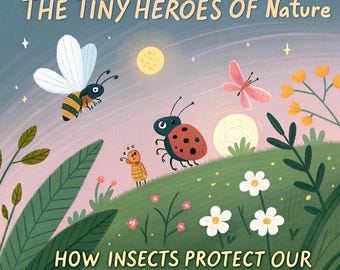Może przedstawiać: Ilustrowana okładka książki z tytułem "THE TINY HEROES OF NATURE" i podtytułem "HOW INSECTS PROTECT OUR ENVIRONMENT". Obraz przedstawia pszczołę, biedronkę, motyla i inne owady na zielonym wzgórzu z kwiatami i żółtym księżycem.