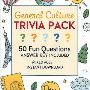 Puede incluir: Un paquete de trivia con el texto "General Culture TRIVIA PACK" y "50 Fun Questions". El diseño incluye un globo aerostático, un globo terráqueo, un sol sonriente y un libro. El paquete está diseñado para edades mixtas y es una descarga instantánea.