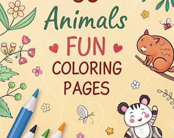 May include: A children's coloring book with the title "30 Animals Fun Coloring Pages." The cover features cartoon animals, flowers, and colored pencils. The background is a light tan color.