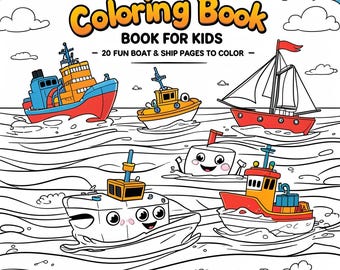 May include: A children's coloring book titled "Marine Transport Coloring Book" featuring cartoon boats and ships. The cover displays various vessels in primary colors, with the text "BOOK FOR KIDS" and "20 FUN BOAT & SHIP PAGES TO COLOR".