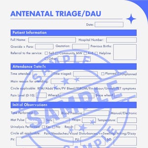 Triage/DAU/Antenatal Assessment Downloadable PDF for Midwives/Student Midwives - Trainee Midwife Midwifery Planner Template Resource Sheet