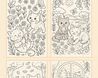 ニャーのぬりえを楽しむ – 子供向けのぬりえ |ミニ塗り絵|印刷用PDF塗り絵|猫のボヘミアンデザイン |デジタルダウンロード A4 |四季