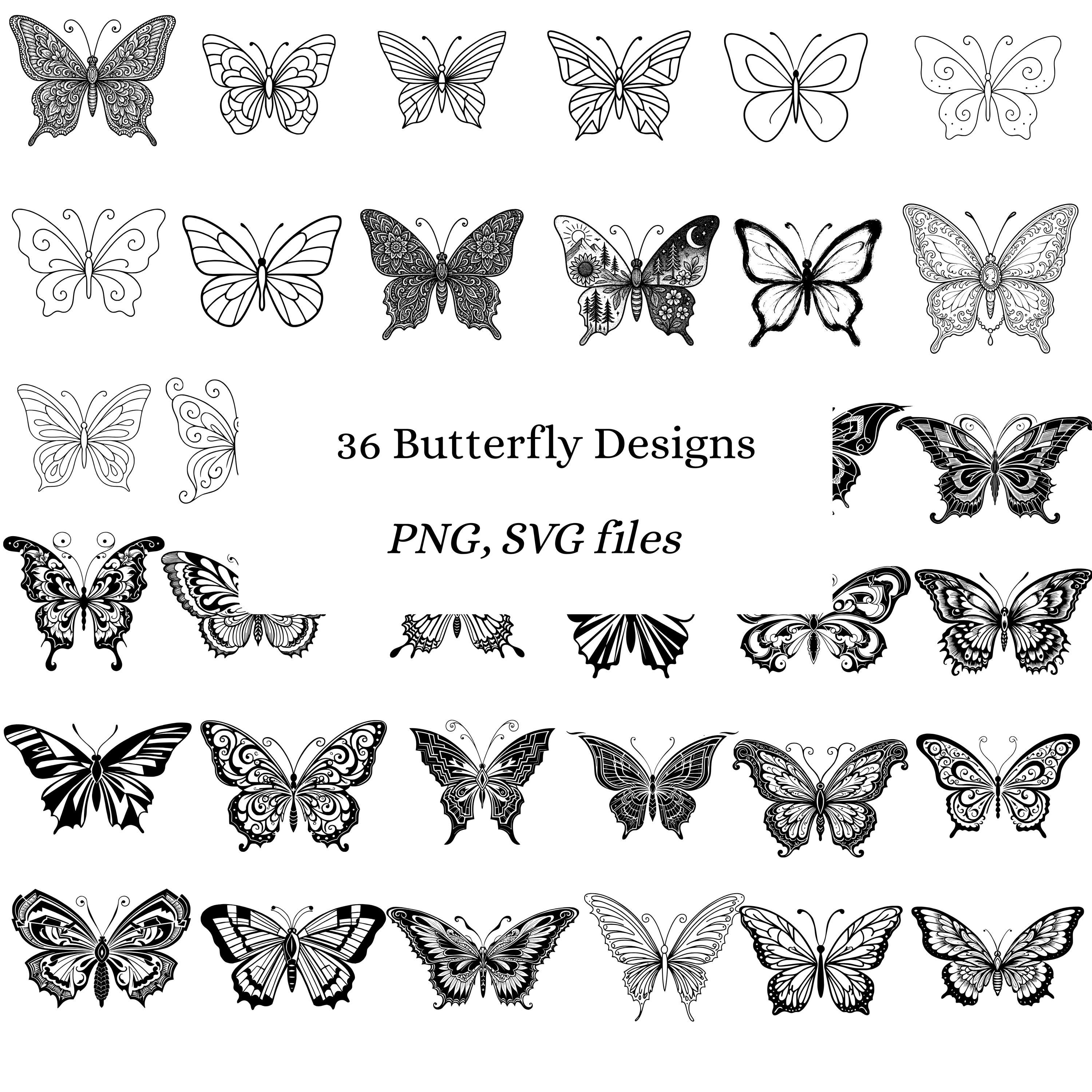 36 Butterfly Designs SVG Bundle, Butterfly PNG Files, Butterfly Tattoo, Butterfly Tattoo Stencil, Butterfly ClipArt, Files for Cricut