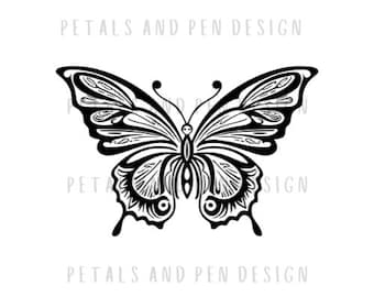 Ornate Line Art Butterfly Tattoo, SVG Butterfly Tattoo, PNG Butterfly, Insect Image, Hand-Drawn Design, Cricut, Silhouette, Merch Decor