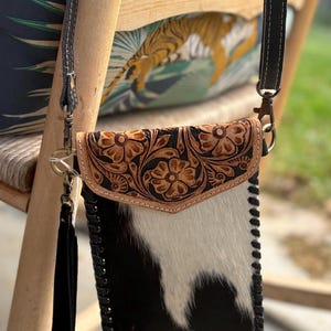 Handtooled cowhide leather cellphone pouch/ crossbody