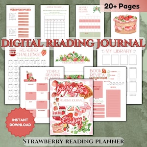 May include: A digital reading journal with a strawberry theme. The journal includes pages for series completion, streak tracking, monthly planning, and book reviews. The cover features the text "Berry Into Reading Journal" and "Strawberry Reading Planner."