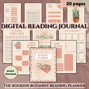 May include: A digital reading journal with a botanical theme. The journal includes pages for series completion, reading trackers, monthly and yearly planners, book reviews, and a reading challenge. The cover features a floral design and the text "Reading Planner".
