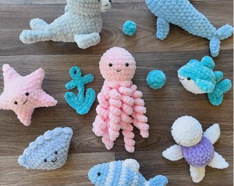 Wzory szydełkowe 7 w 1, wzór na pluszowe amigurumi, zwierzęta morskie, wzór amigurumi dla początkujących, wzór szydełkowy dla dzieci, ośmiornica, foka, rekin