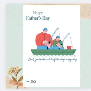 Biglietto di auguri sentimentale per la festa del papà a tema pesca - Cartolina digitale stampabile con messaggio personale