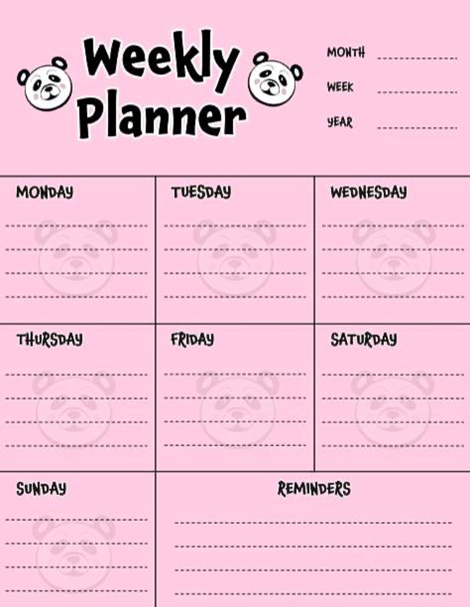 Cute Pink Panda Weekly Planner Template - Etsy