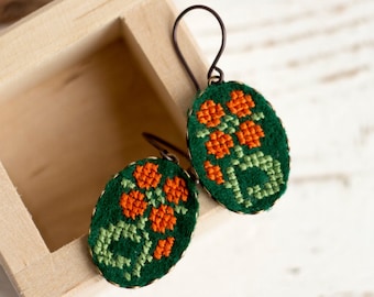 Flower earrings, dangle earrings with floral embroidery e018