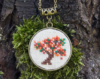 Autumn tree necklace - double-sided necklace with cross stitch and bronze trees n072