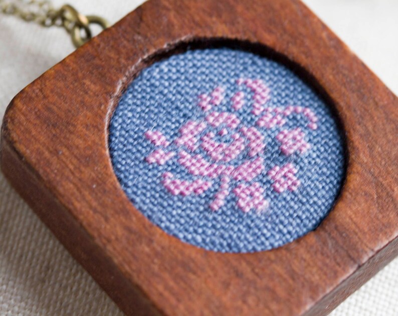 Floral embroidery necklace wooden frame necklace n075 Etsy