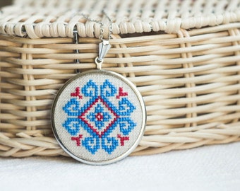 Cross stitch necklace with blue and red ethnic embroidery n007