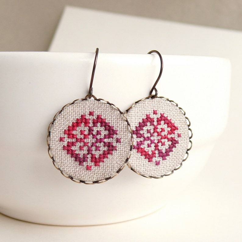 Cross Stitch Earrings Ethnic Ornament in Melange Red E010 Etsy