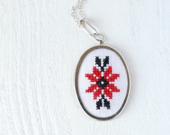 Cross stitch necklace Ukrainian red and black embroidery n005