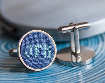 Monogram cufflinks, personalized wedding cufflinks, gift for him - dark blue fabric