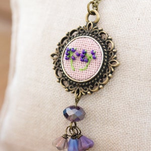 Braille necklace LOVE embroidered dandelion, floral, Victorian vintage style n034 image 1